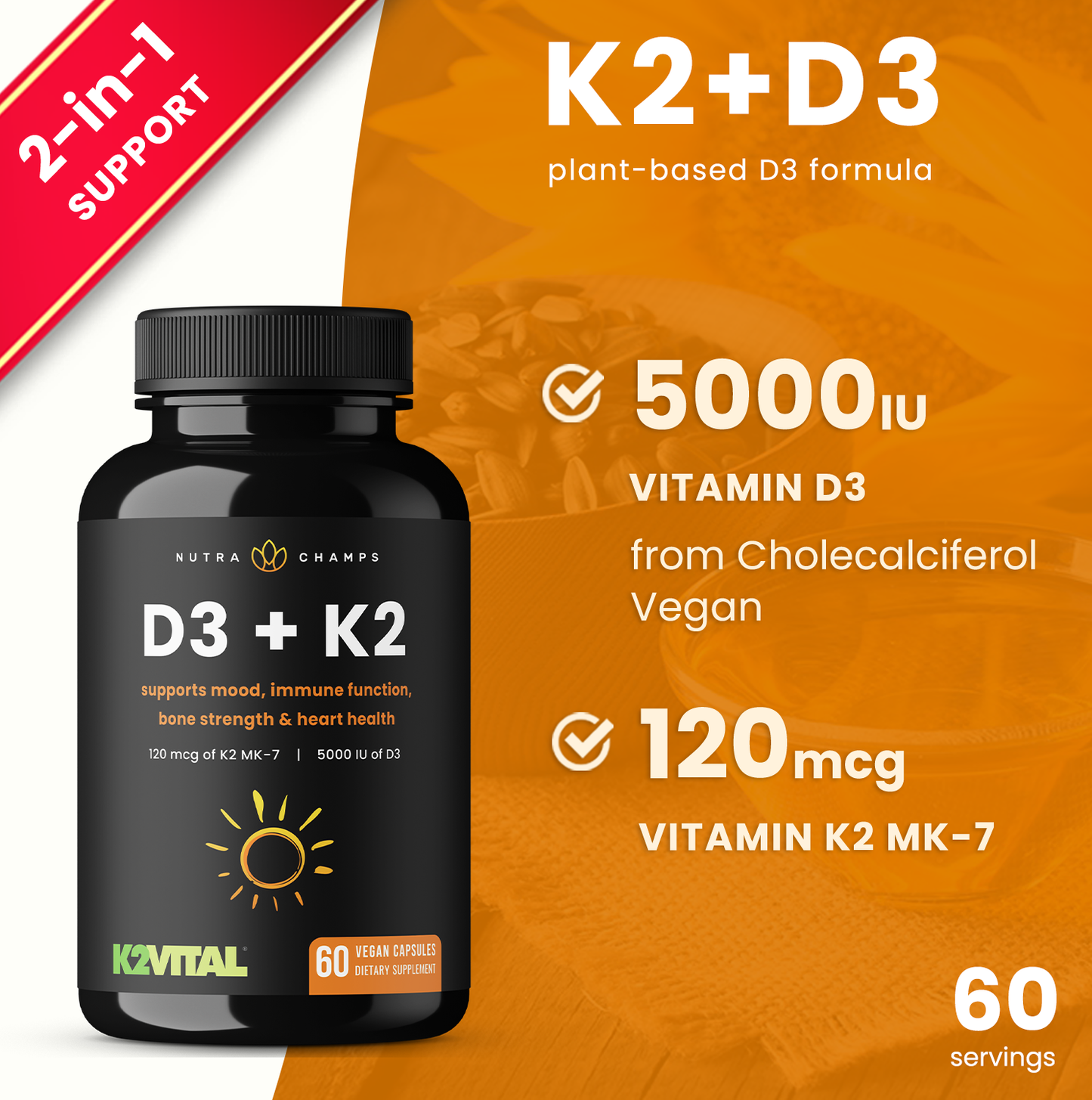 Vitamin D3 + K2 | Supplement For Heart & Bone Health